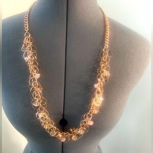 Vintage Handmade Rose Gold Chainmaille Necklace w/ Crystal & Iridescent Beads